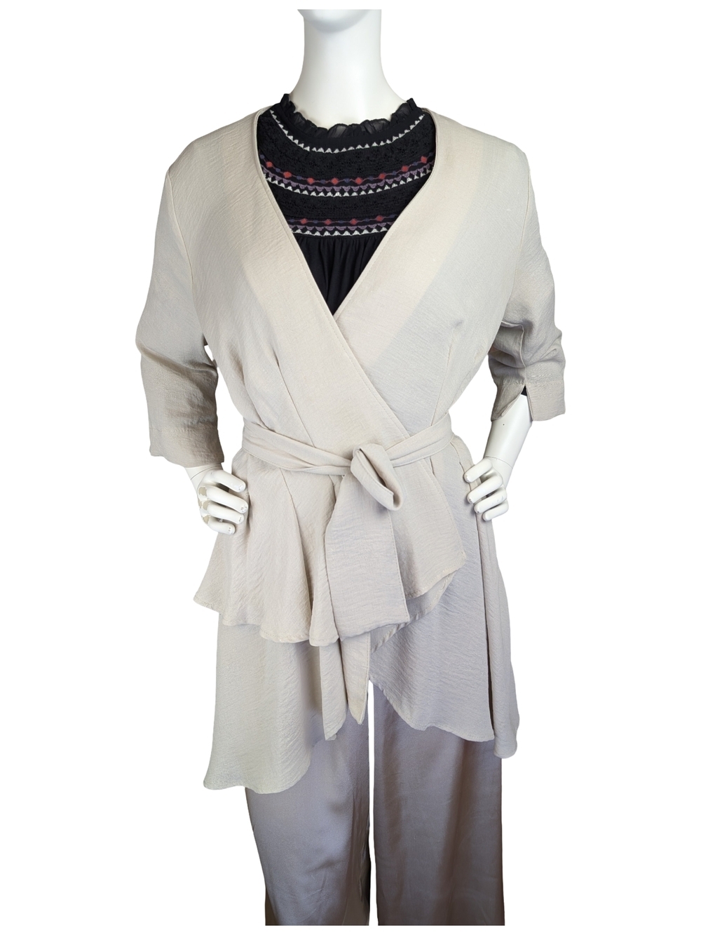 Joseph Ribkoff Beige Draped Wrap Romantic Ruffled Cardigan Jacket Size 8